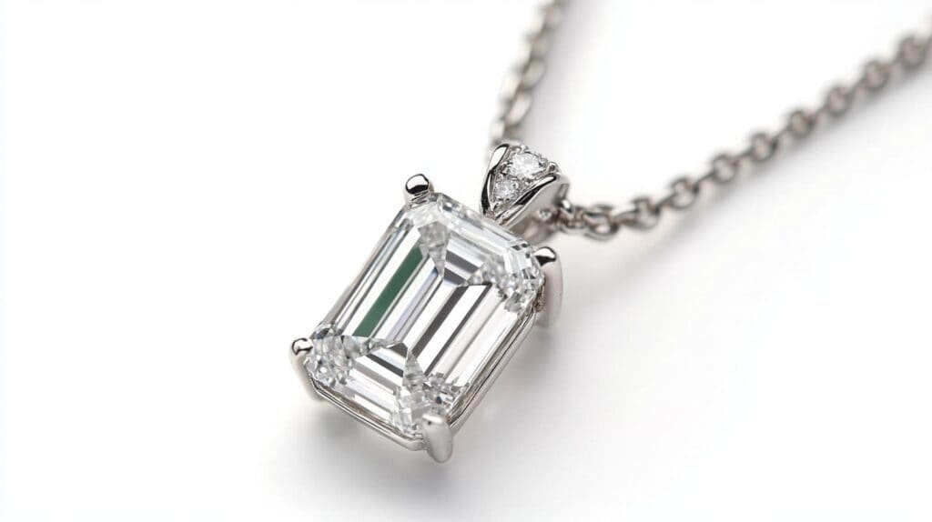 Close-up of an emerald cut diamond pendant set in white gold with a delicate chain, showcasing its step-cut facets and brilliance.