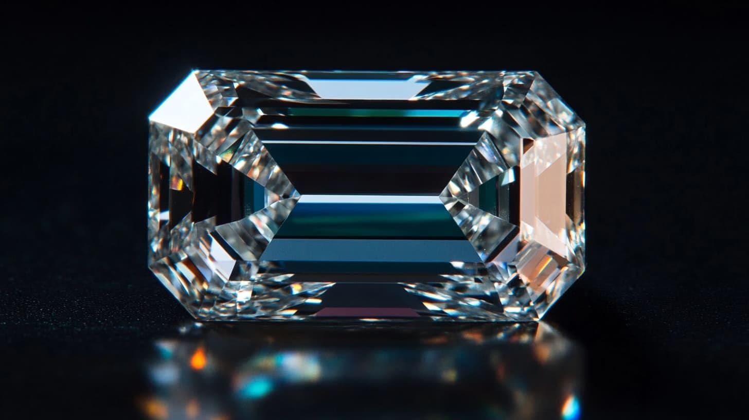 Loose emerald-cut diamond showing long step facets on a black mirror