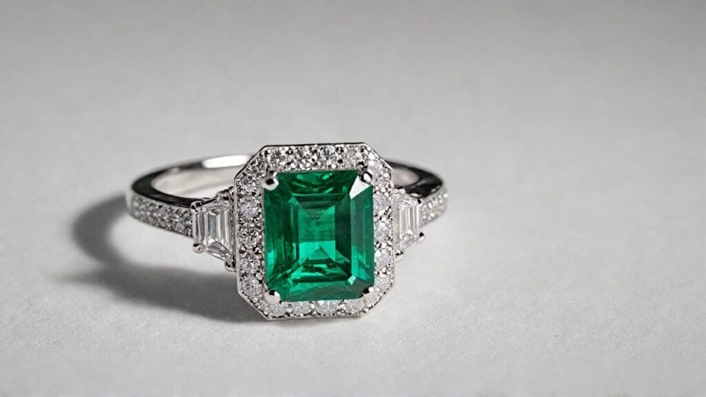 A luxurious emerald-cut emerald engagement ring in a platinum halo setting, featuring baguette and round diamonds for a dazzling, vintage-inspired design.