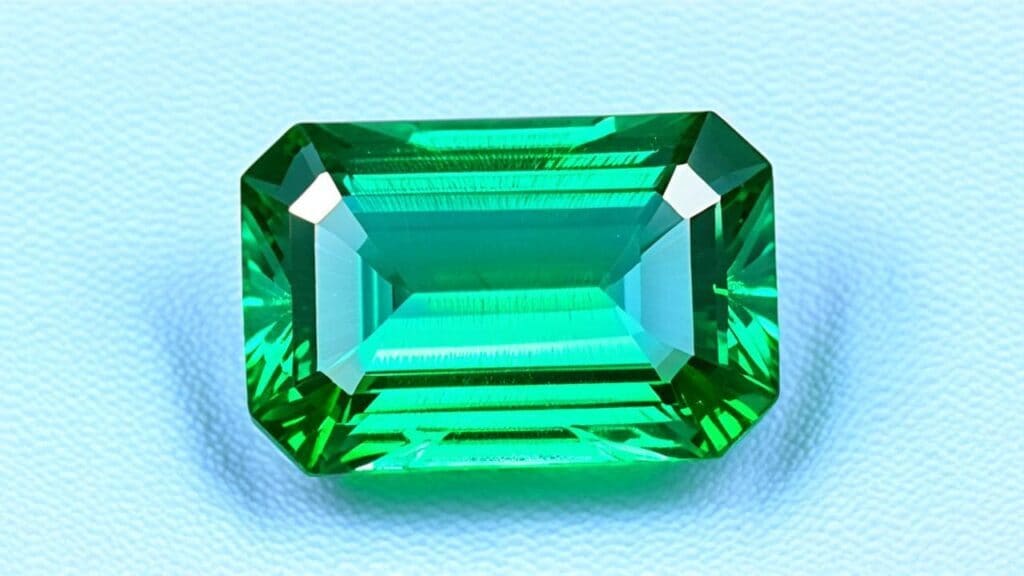 A stunning emerald-cut green emerald gemstone with enhanced clarity, commonly treated to remove surface-reaching inclusions.