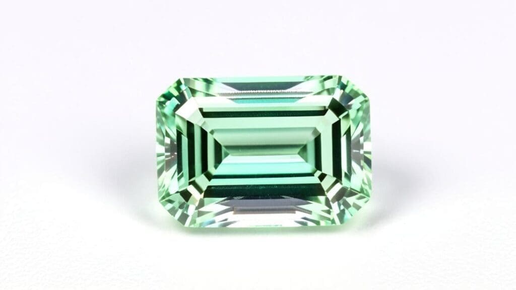Light green emerald-cut diamond with step facets highlighting clarity and natural hue on a white background