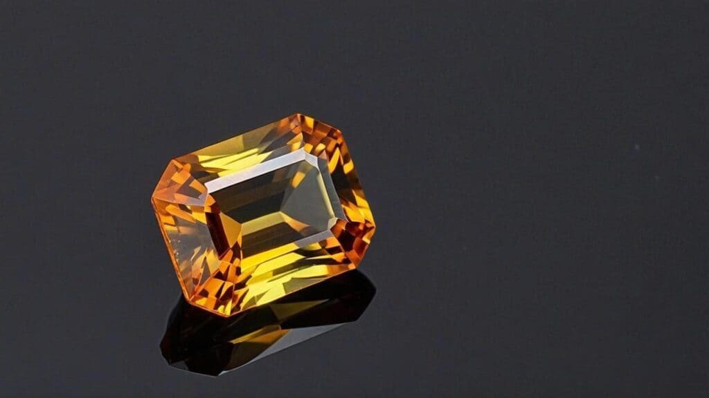 An emerald-cut sphalerite gemstone with deep yellow and orange hues, exhibiting stunning luster and clarity against a dark background.