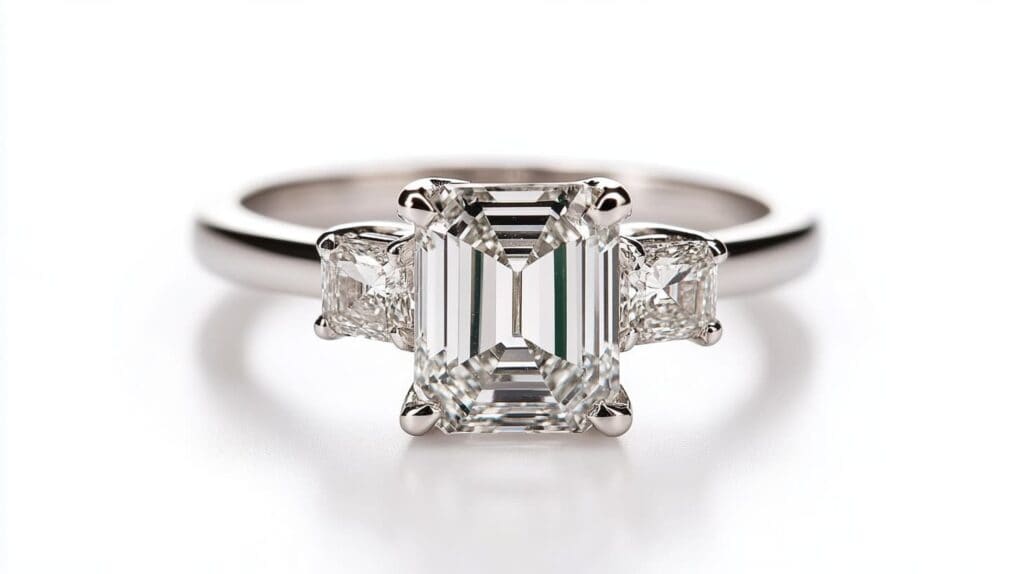 Elegant emerald cut diamond three-stone engagement ring set in white gold, featuring two side diamonds for a classic and timeless design.