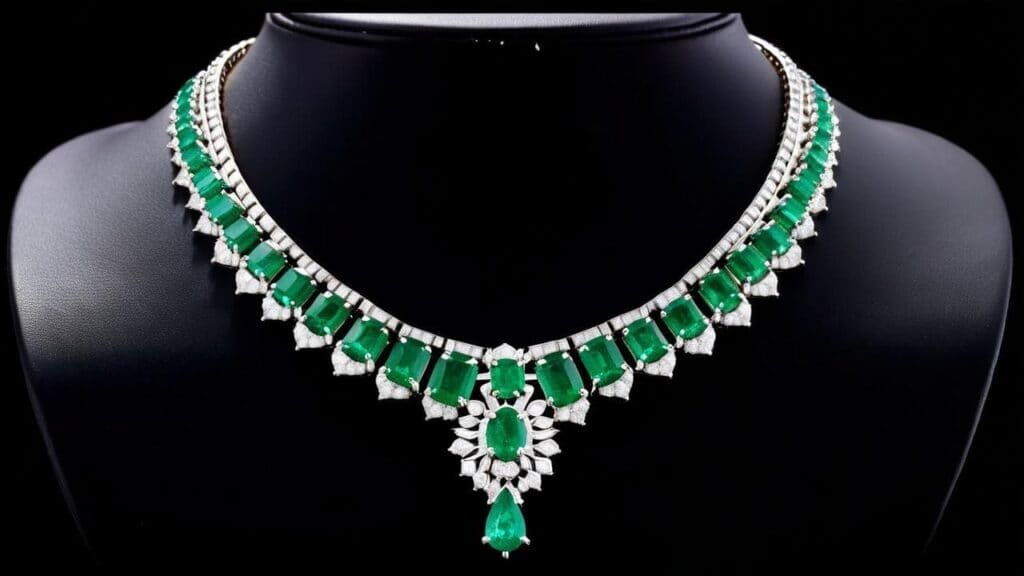 Colombian emerald and diamond statement necklace with graduated emerald cuts and diamond accents, representative of record-breaking auction pieces worth millions