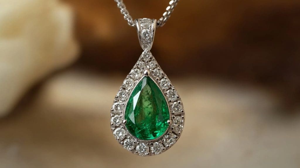 A pear-shaped emerald pendant surrounded by diamonds on a silver chain, highlighting the gemstone’s rich green color and intricate design.