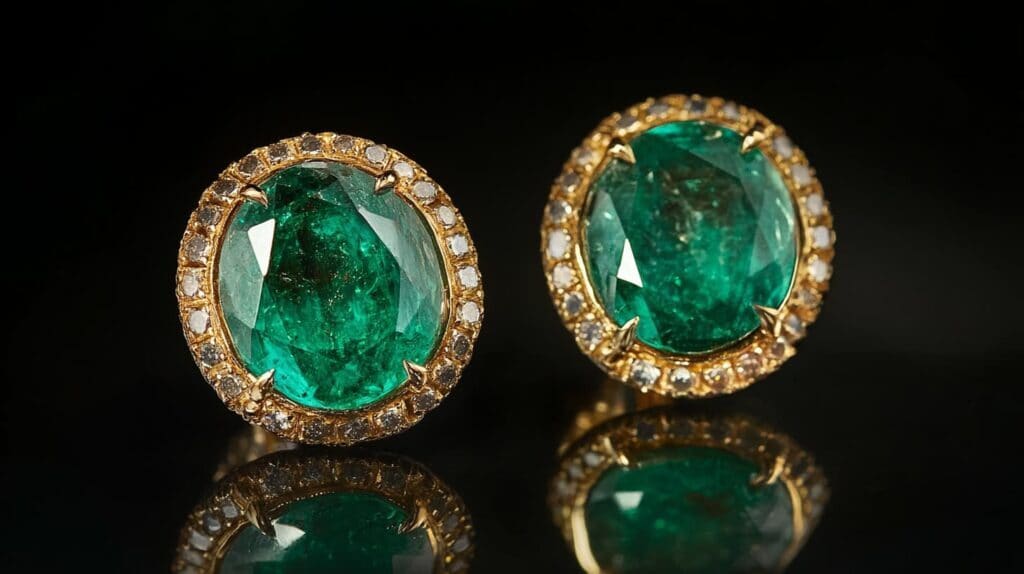 Elegant emerald earrings for May, set in gold with diamond halos, symbolizing growth and wisdom.