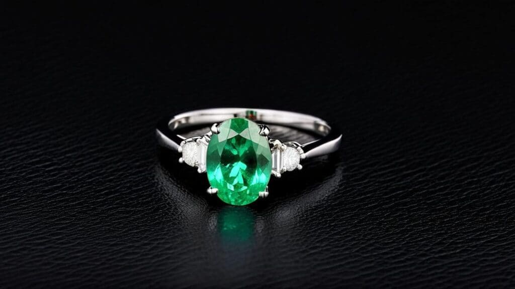 A striking oval-cut emerald engagement ring set in a white gold band with diamond accents, exuding luxury and timeless beauty.