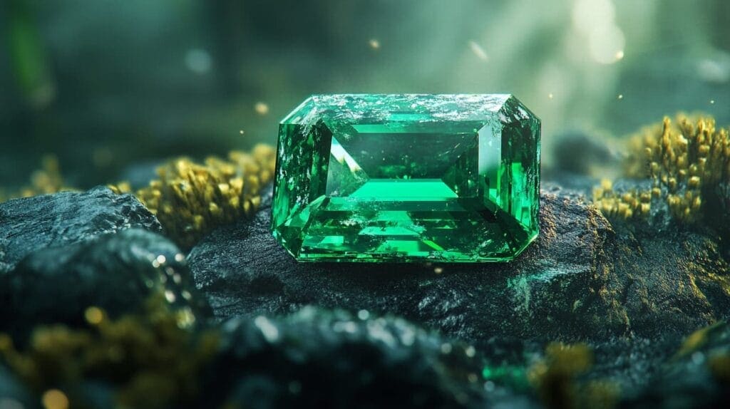 Rectangular-cut emerald gemstone with deep green hue, resting on a natural stone, showcasing the beauty of fine emerald jewelry.