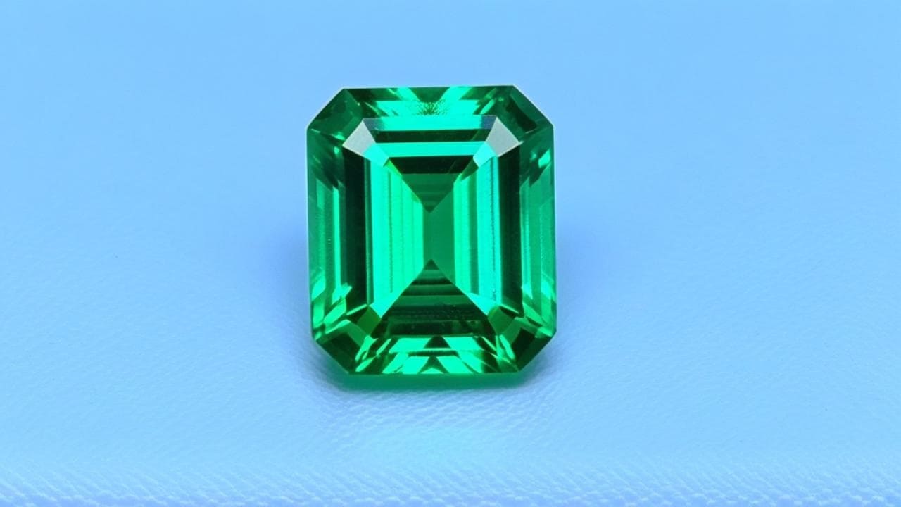 Emerald-cut green emerald on a pale blue background