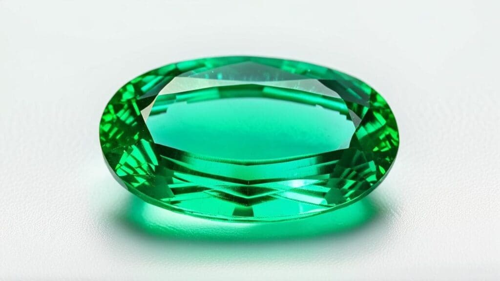 Close-up of a faceted green emerald gemstone, commonly treated with impregnation to enhance clarity and durability.
