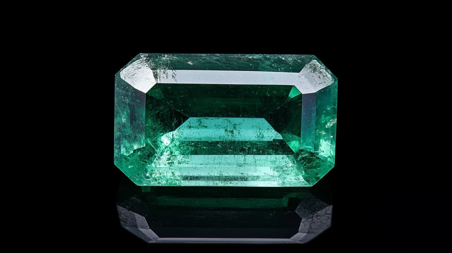 Emerald-cut green emerald with visible inclusions reflected on black