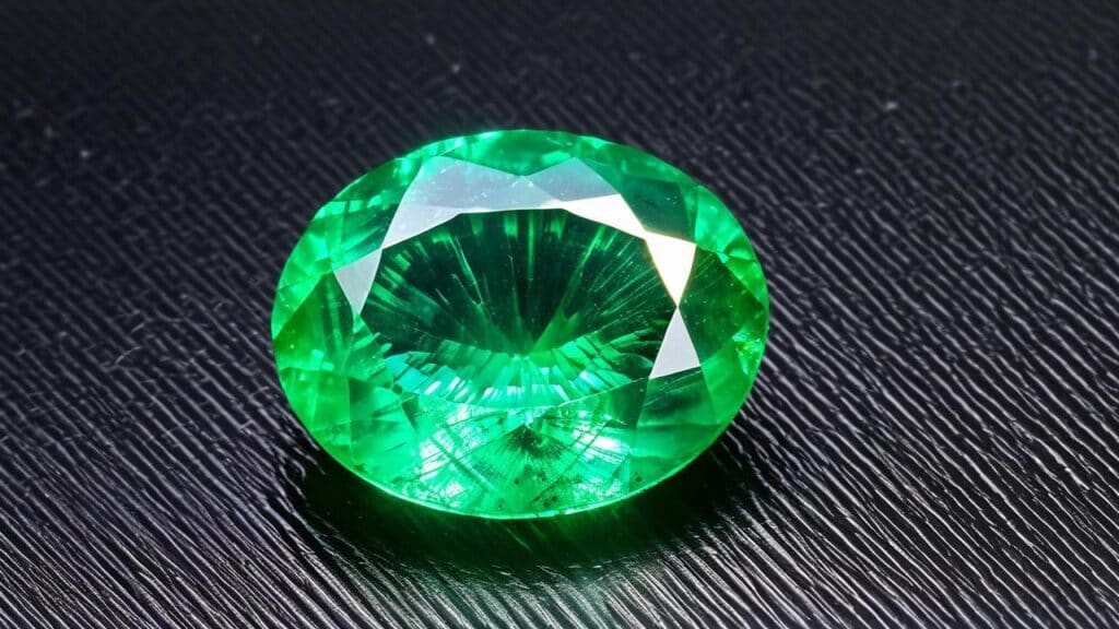 Close-up of a faceted emerald gemstone with visible inclusions, commonly treated with cedar oil to enhance clarity and protect its surface.