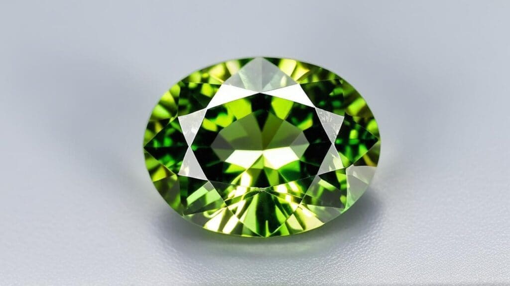 Emerald green demantoid garnet in oval cut displaying vibrant color and exceptional brilliance