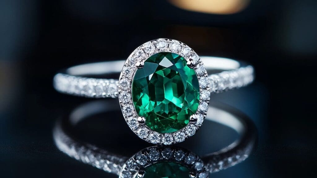 Stunning oval-cut green gahnite gemstone ring with a diamond halo and silver band, reflecting luxurious craftsmanship.