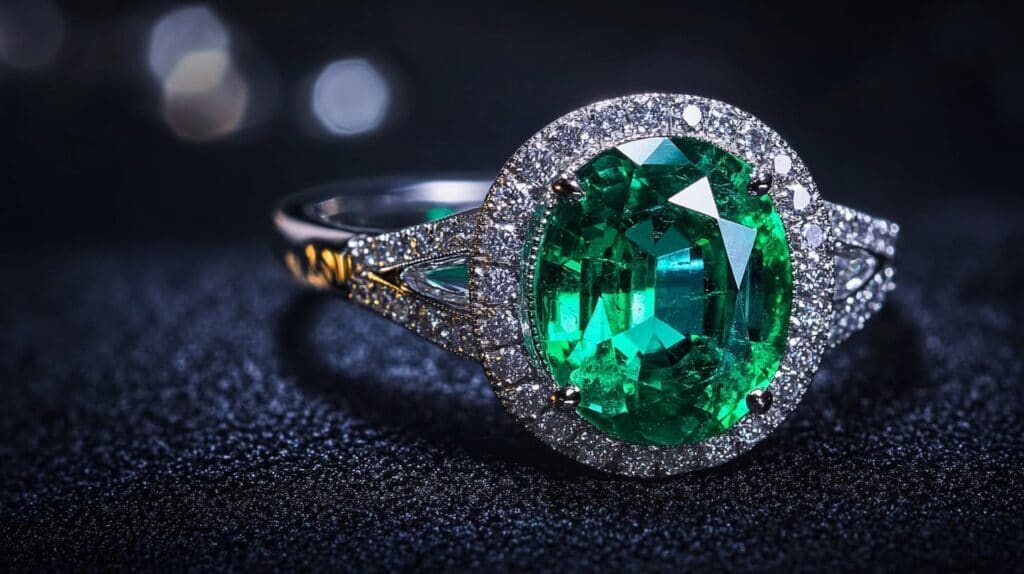 Emerald halo ring with diamond accents in a white gold setting, highlighting elegance and craftsmanship.
