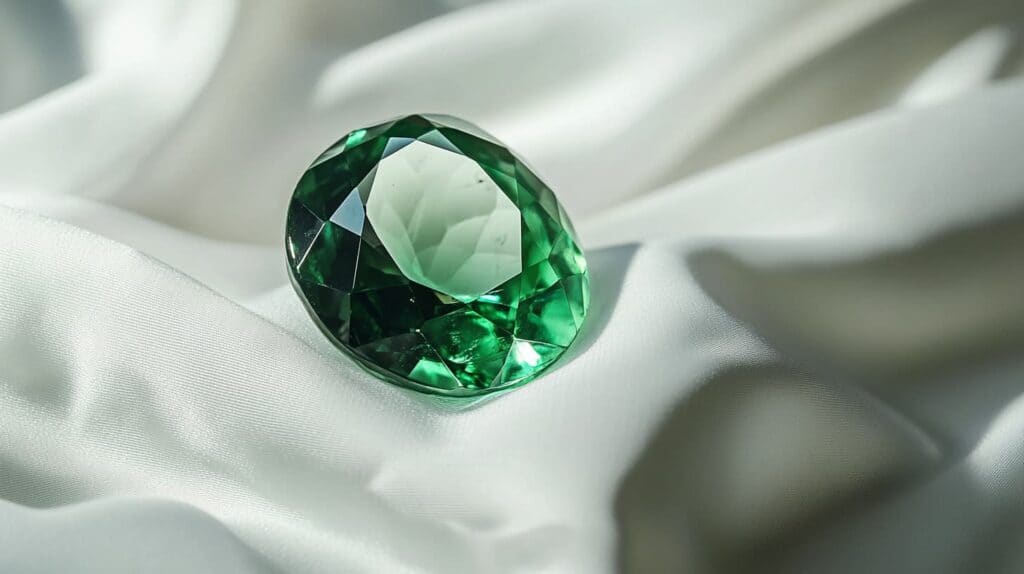 A stunning emerald precious gemstone resting on soft white fabric, showcasing its deep green color and brilliant facets.
