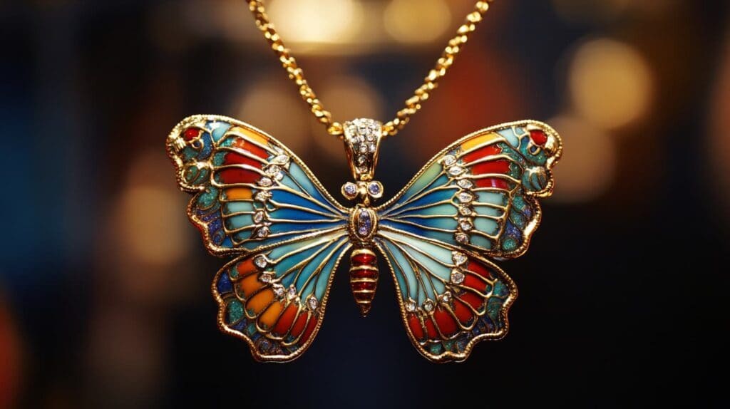 Butterfly pendant featuring colorful enamel wings and diamond accents on a gold chain