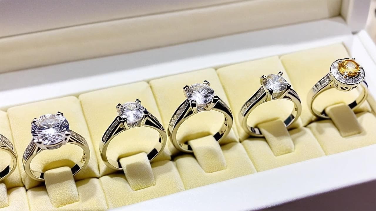 Diamond engagement rings displayed in a row on a cream velvet tray