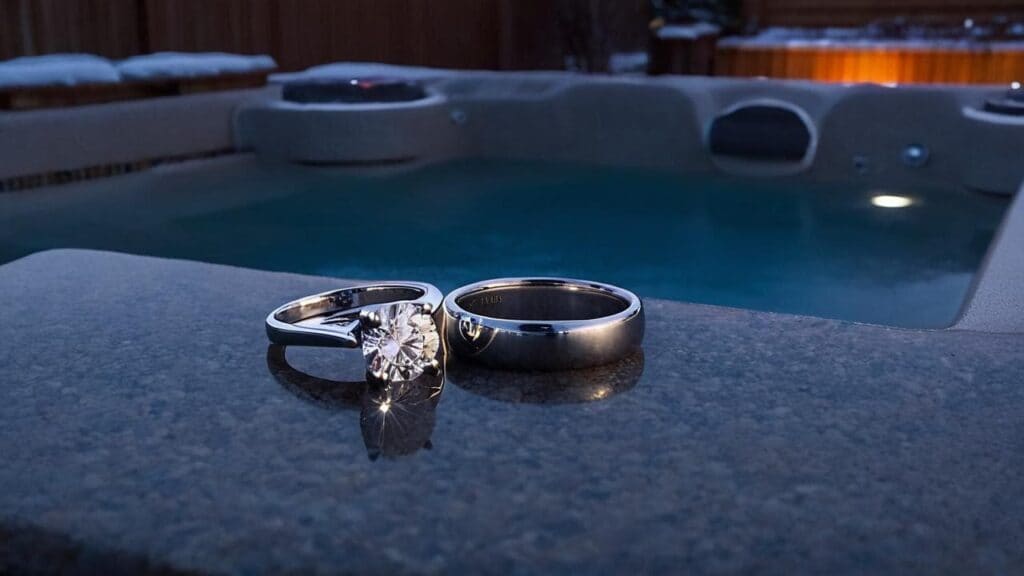 A diamond engagement ring and wedding band sitting on a stone surface near a steaming hot tub in cold weather, showcasing the risks of extreme temperature changes on jewelry.