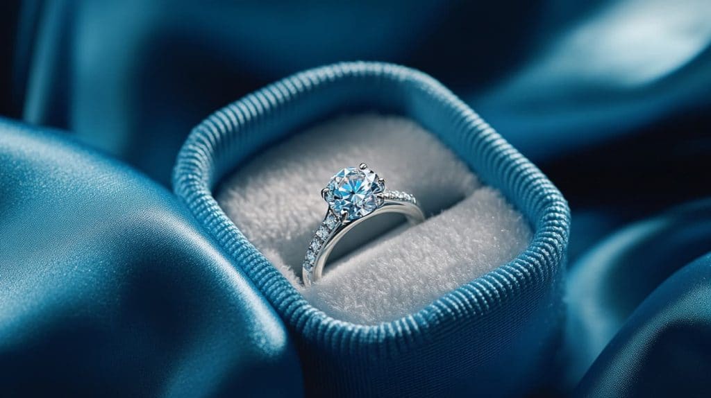 Close-up of a diamond engagement ring in a cushioned box placed on blue silk, highlighting secure and elegant jewelry storage for safe transport.