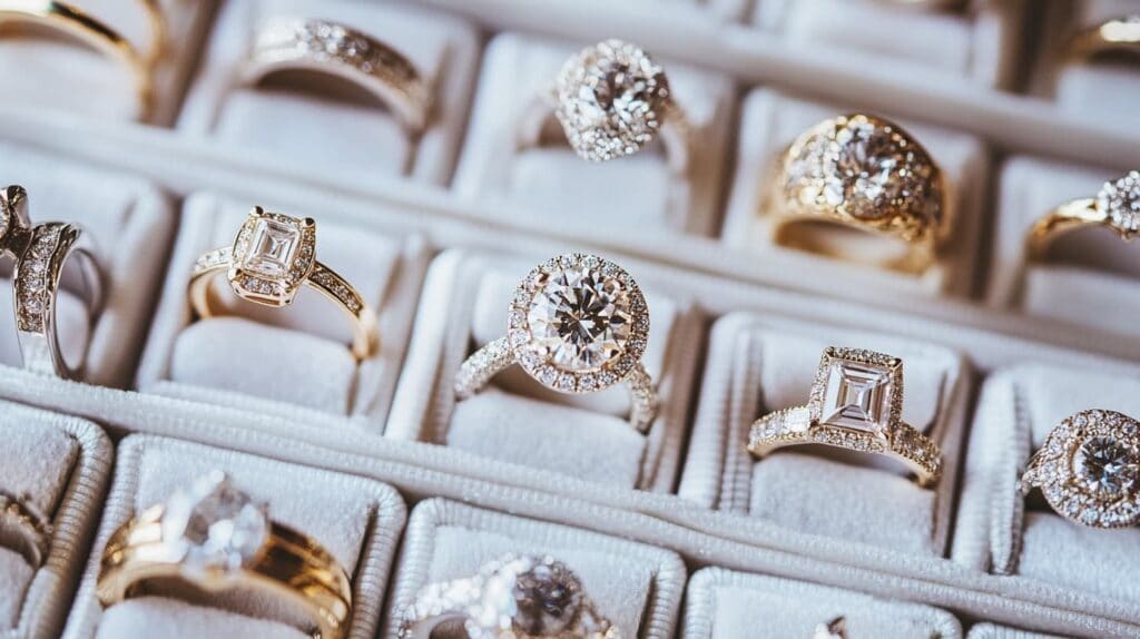 A selection of diamond engagement rings in various designs on display, illustrating choices for different budgets and styles.