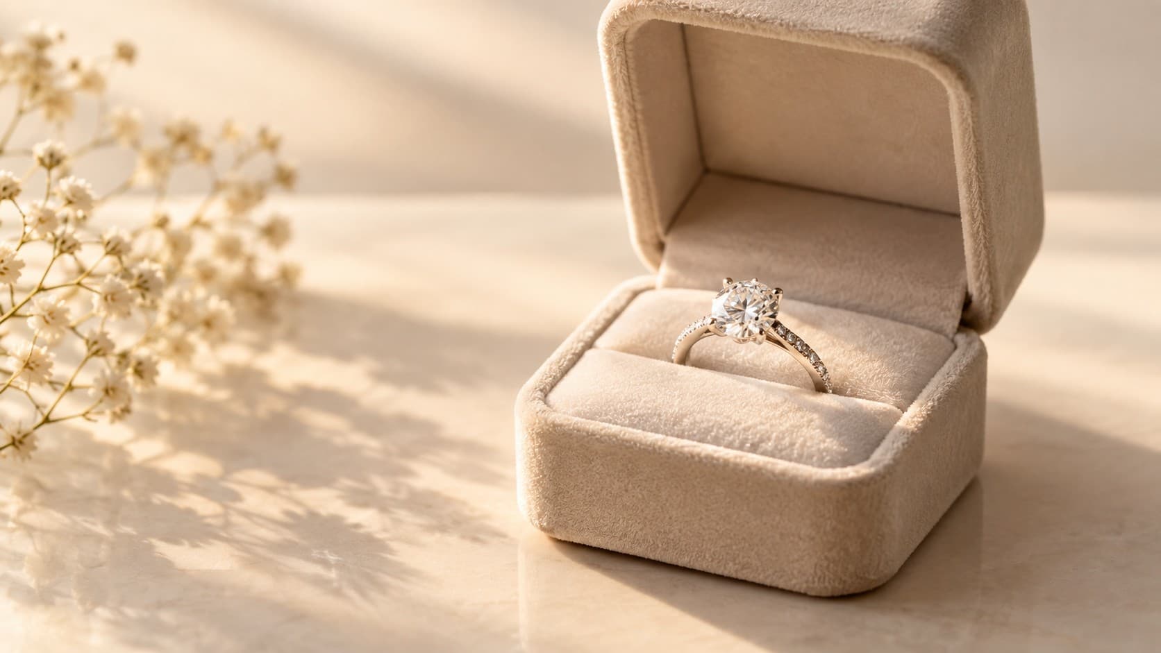 Diamond engagement ring in a velvet box, symbolizing when to propose