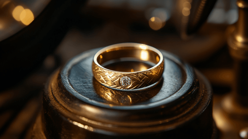 Engraved 9K gold ring with a diamond centerpiece, showcasing durability and elegance in 375 gold jewelry.