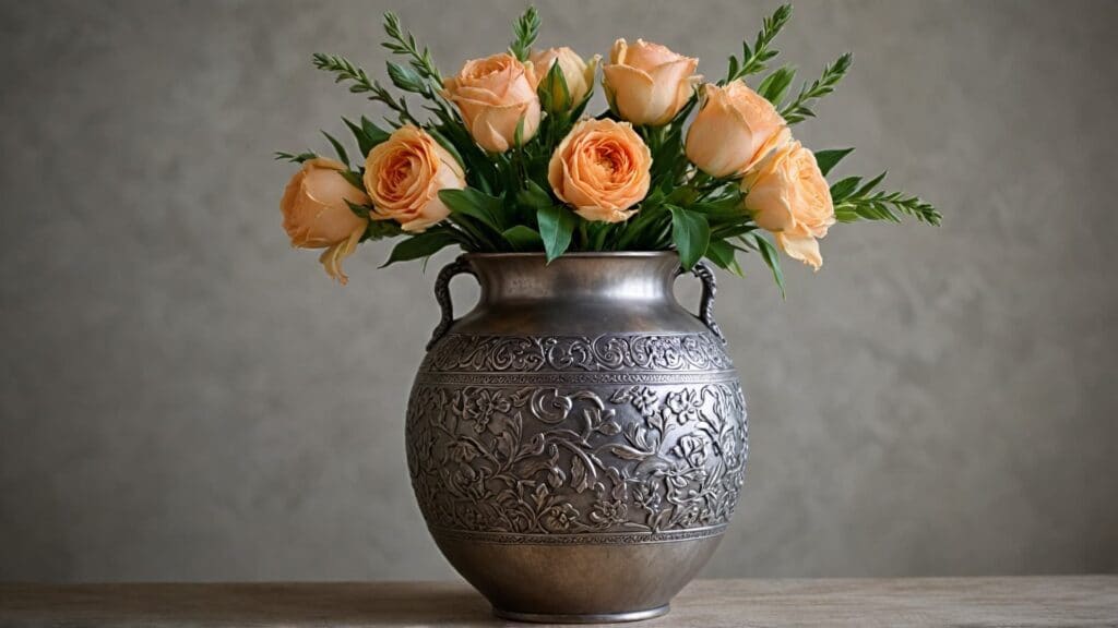 A beautifully engraved pewter vase filled with fresh orange roses, illustrating the timeless elegance of pewter home accessories.