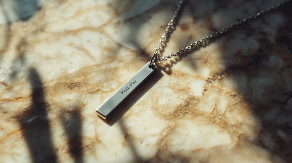 Close-up of a silver engraved bar necklace with personalized text, displayed on a marble surface.