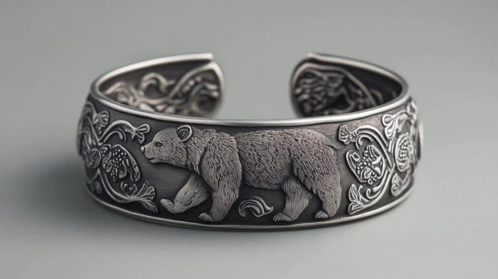 Intricately engraved silver cuff bracelet featuring a walking bear surrounded by floral patterns, showcasing a wildlife-inspired design with detailed craftsmanship.