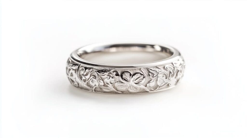 Ornate silver ring with intricate floral engravings, well-maintained and protected from humidity.