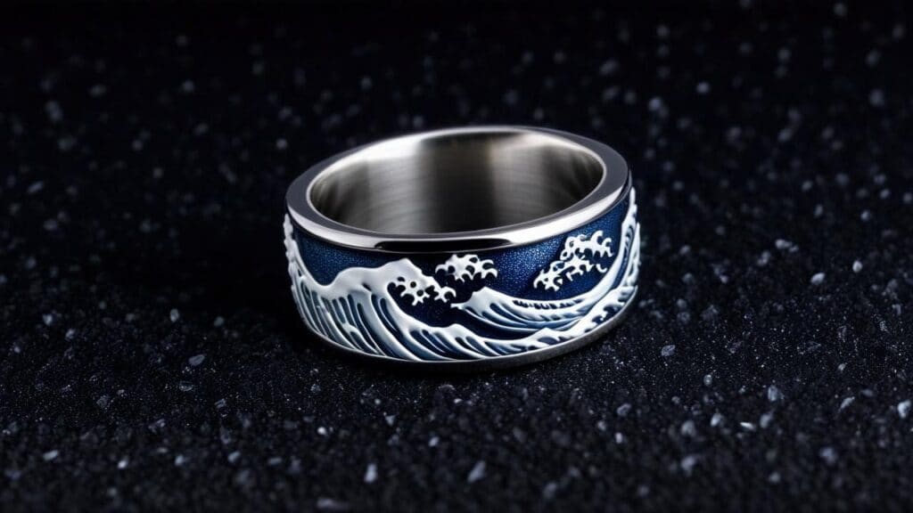 Bold metal ring with engraved ocean wave pattern representing life's flow and resilience.