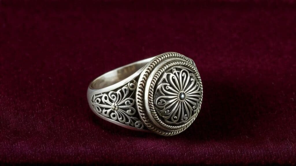Antique EPNS silver signet ring with intricate floral engraving, displayed on burgundy velvet