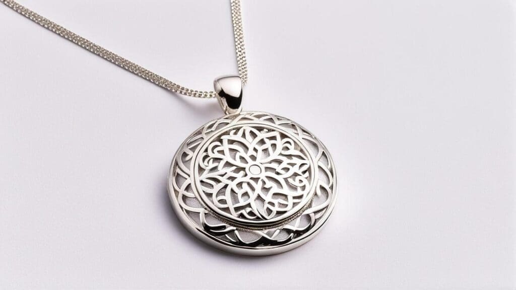 Ornate EPNS silver filigree pendant necklace with Victorian-style design on white background