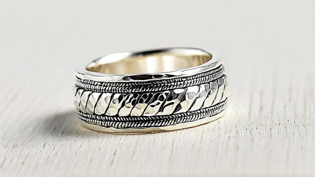 Close-up of EPNS silver men’s ring featuring a textured braided band design on a wooden surface