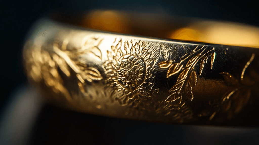 Close-up of a gold ring with etched patterns, emphasizing the artistry in gold jewelry.