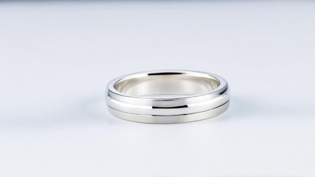 A sleek conflict-free silver wedding band with a minimalist design, crafted from responsibly sourced silver.