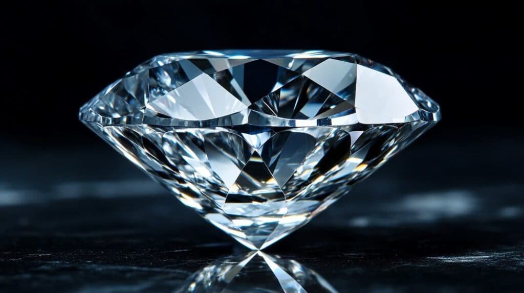A close-up of a flawless diamond on a dark reflective surface, highlighting the contrast between ethical diamonds and blood diamonds in the global diamond trade.