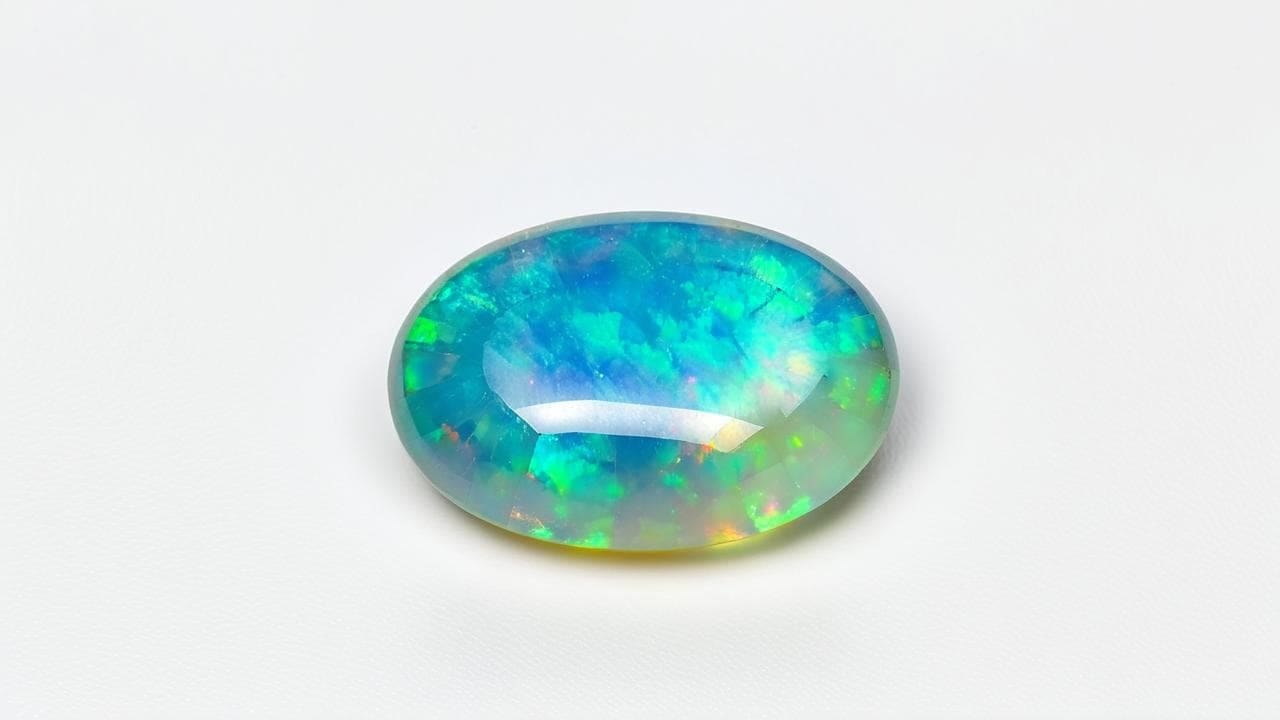 Oval Ethiopian opal flashing green and blue play-of-color on white