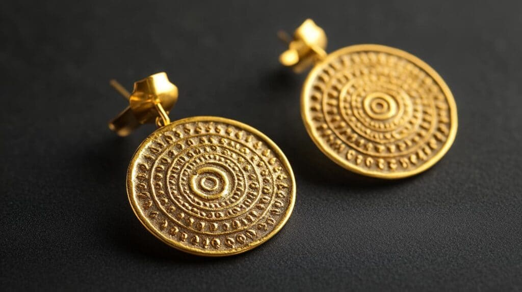 A pair of ancient Etruscan gold disc earrings with intricate circular engravings, reflecting early metalworking craftsmanship.