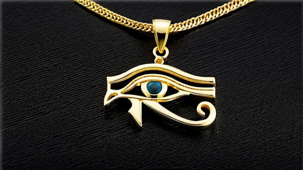 Gold Eye of Horus necklace on black background representing ancient Egyptian symbol of protection and power