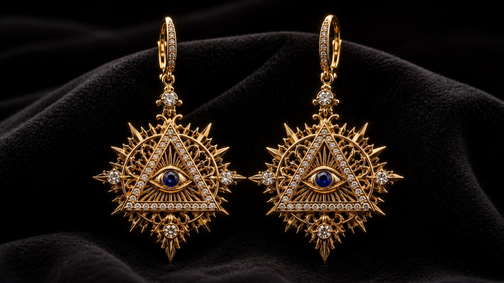 Pair of gold Eye of Providence earrings with blue center stones and diamond accents