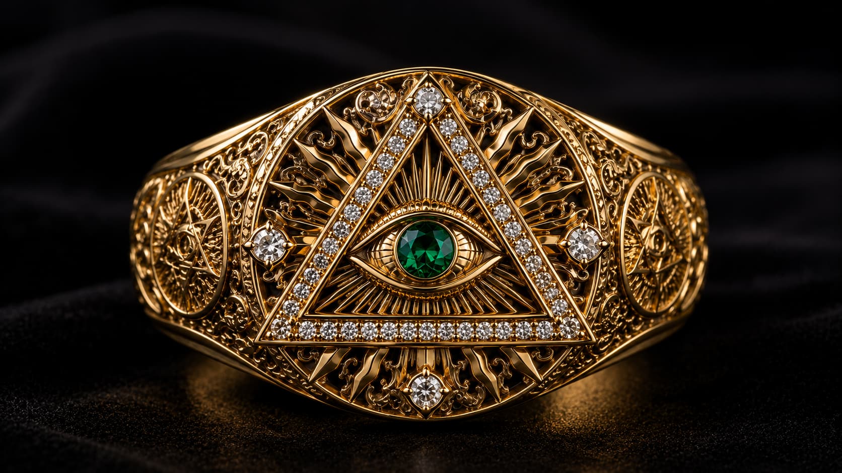 Gold ring featuring the Eye of Providence set with a green emerald center stone inside a diamond-lined triangle