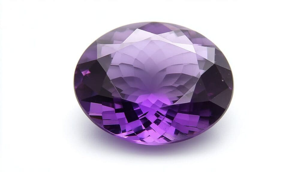 A round, faceted amethyst gemstone with a deep purple hue, placed on a white background.