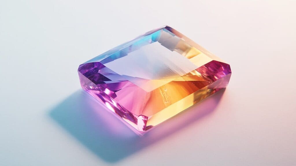 Faceted ametrine gemstone featuring a vivid split of purple and golden-yellow hues, highlighting its unique dual-colored nature.