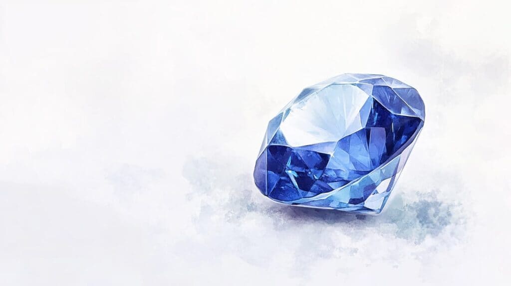 Faceted Benitoite gemstone with a vivid sapphire-blue color, set against a white background, showcasing its exceptional brilliance and rarity.