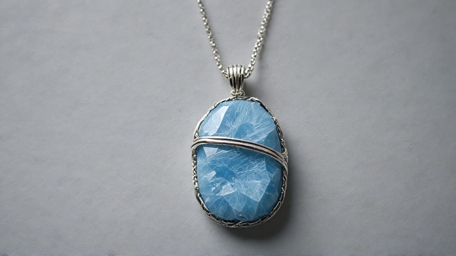Wire-wrapped blue calcite pendant in silver on a chain
