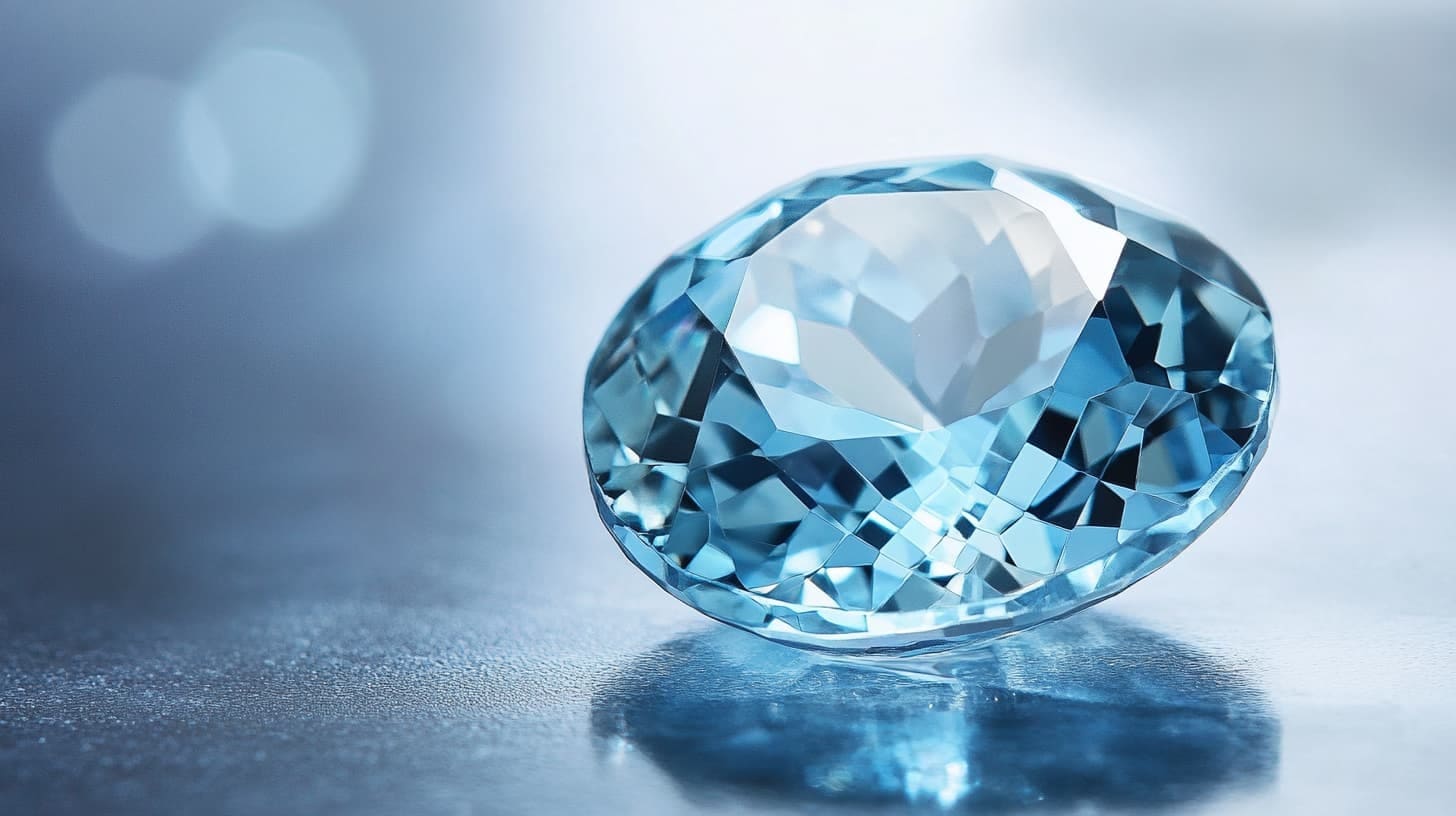 Oval faceted jeremejevite in pale icy blue on a soft blue background
