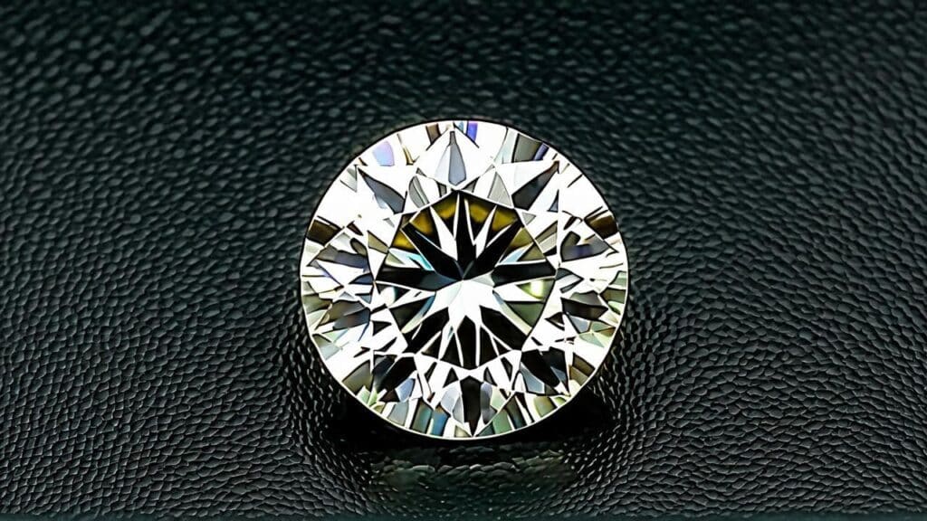 A faceted, colorless sillimanite gemstone with exceptional brilliance, displayed on a black textured background.