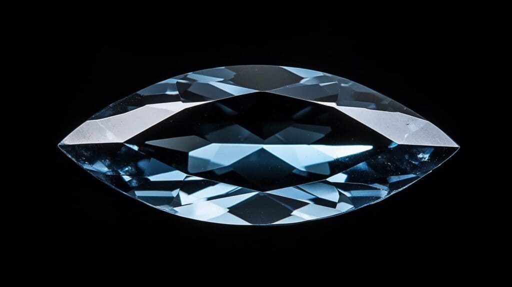 Marquise-cut faceted blue Gahnospinel gemstone with high transparency and brilliance, displayed against a black background.